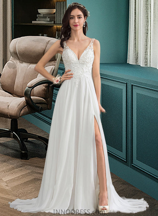 Elisa A-Line V-neck Sweep Train Chiffon Wedding Dress With Beading Sequins Split Front DPP0013806