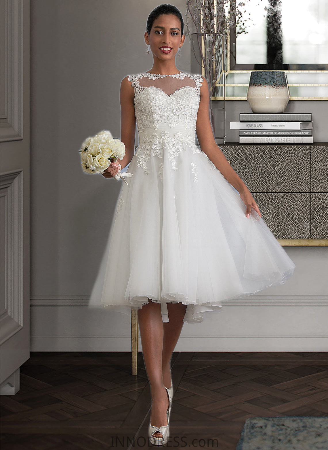 Amari A-Line Illusion Asymmetrical Tulle Wedding Dress With Ruffle DPP0013808