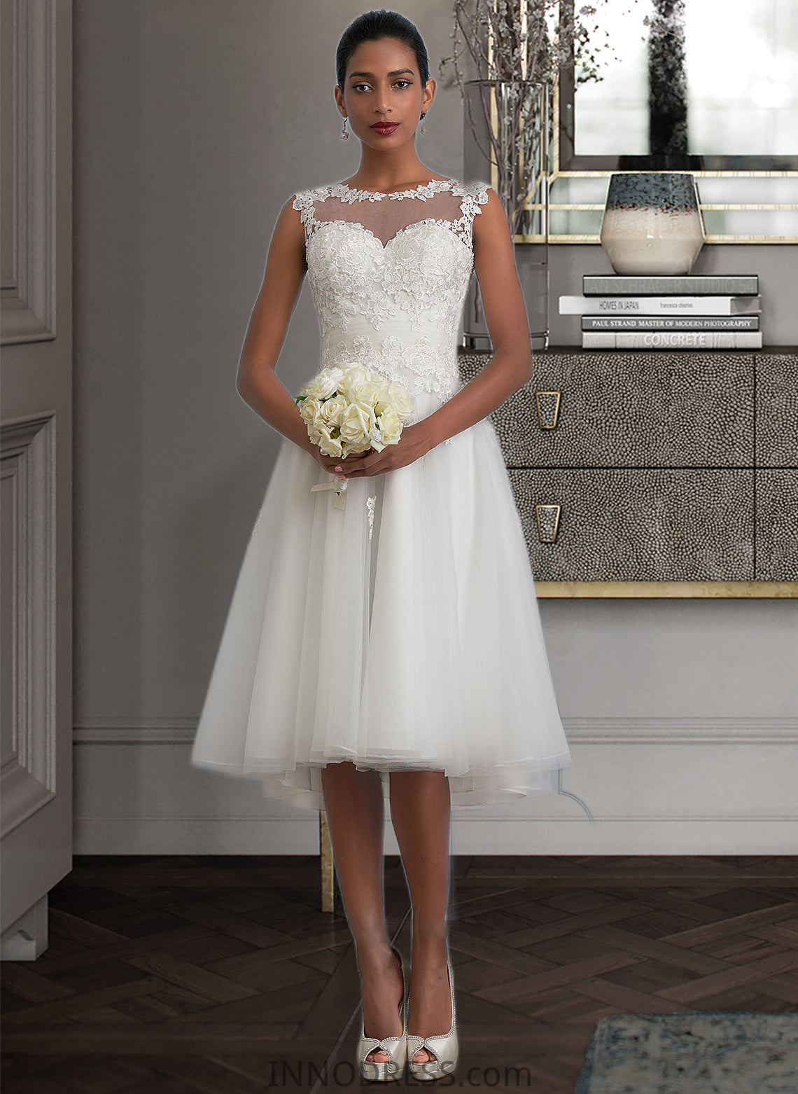 Amari A-Line Illusion Asymmetrical Tulle Wedding Dress With Ruffle DPP0013808