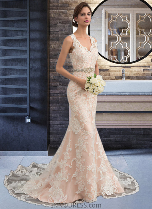 Kiera Trumpet/Mermaid V-neck Chapel Train Tulle Lace Wedding Dress With Beading DPP0013810