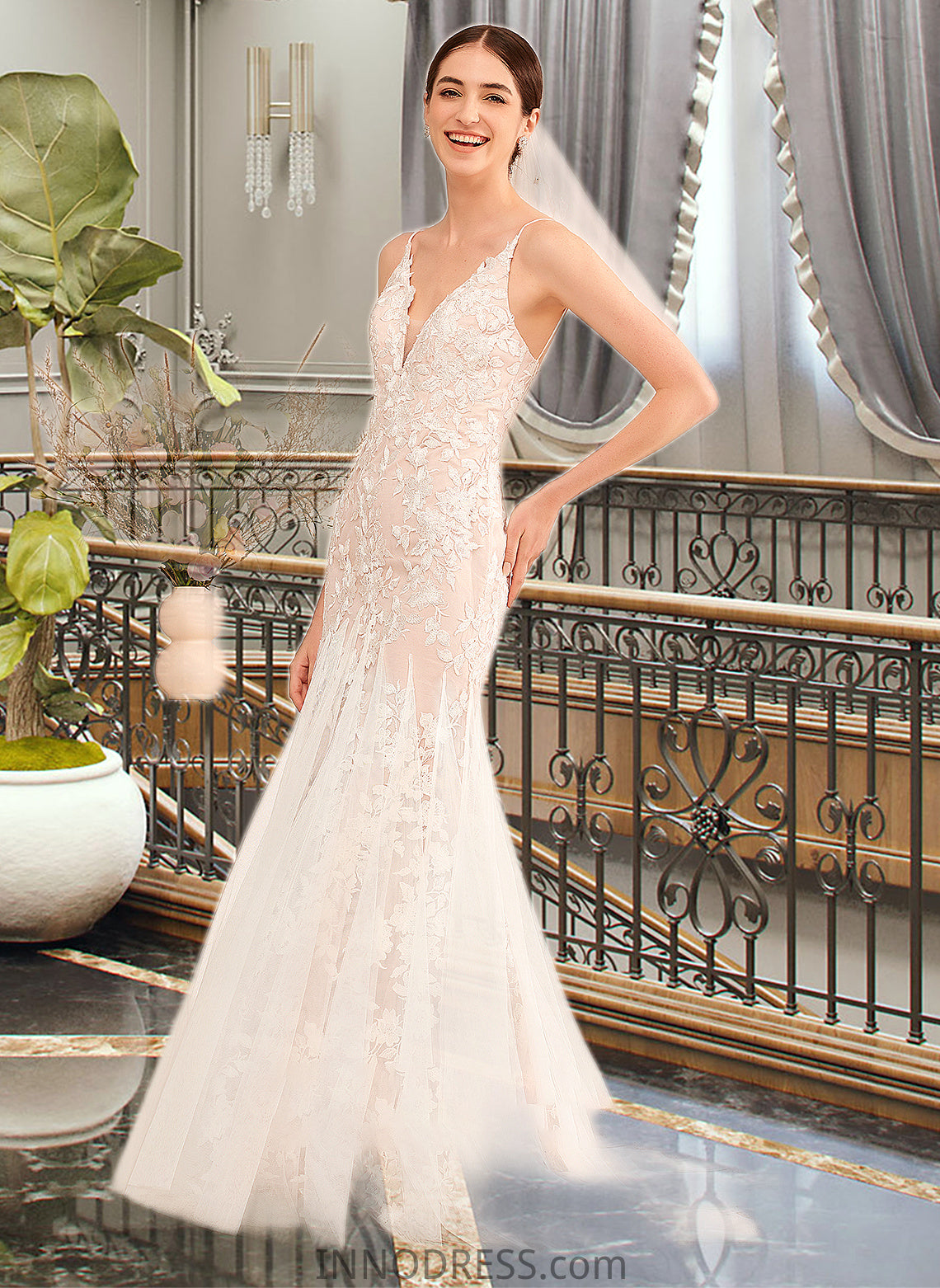 Gabriella Trumpet/Mermaid V-neck Court Train Wedding Dress With Lace DPP0013814