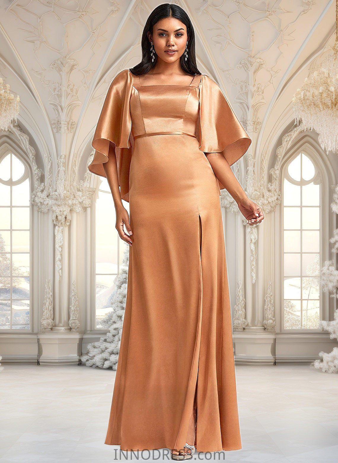 Persis A-line Square Floor-Length Stretch Satin Bridesmaid Dress DPP0025765