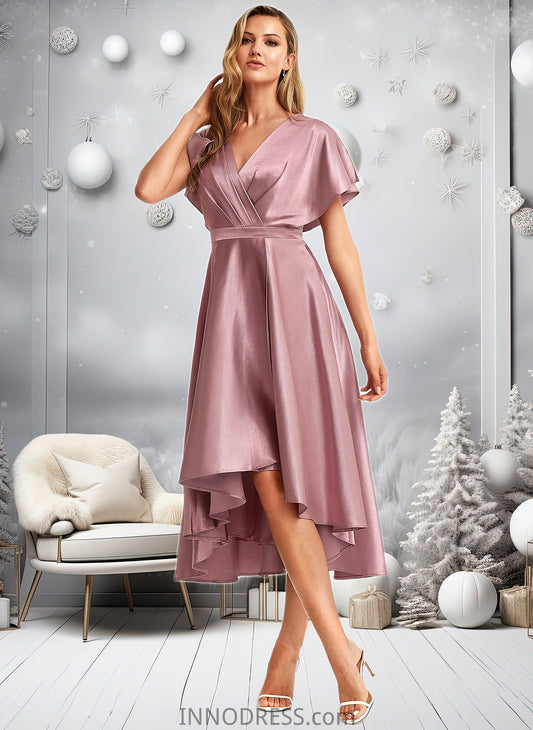 Lori A-line V-Neck Asymmetrical Stretch Satin Bridesmaid Dress DPP0025752