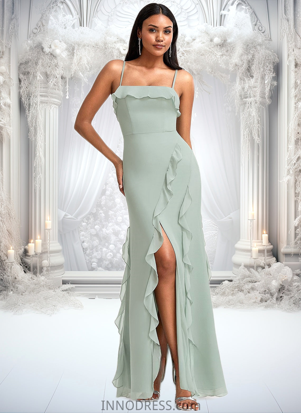 Sienna A-line Square Floor-Length Chiffon Bridesmaid Dress With Ruffle DPP0025735