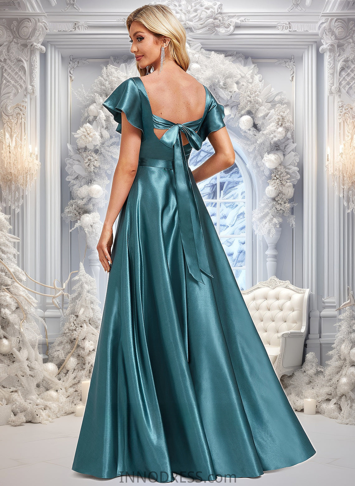 Grace A-line V-Neck Floor-Length Stretch Satin Bridesmaid Dress With Ruffle DPP0025780