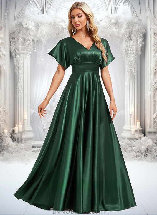 Rayna A-line V-Neck Floor-Length Stretch Satin Bridesmaid Dress DPP0025782