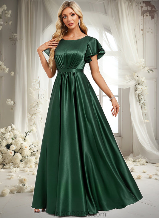 Amaya A-line Scoop Floor-Length Stretch Satin Bridesmaid Dress With Ruffle DPP0025770