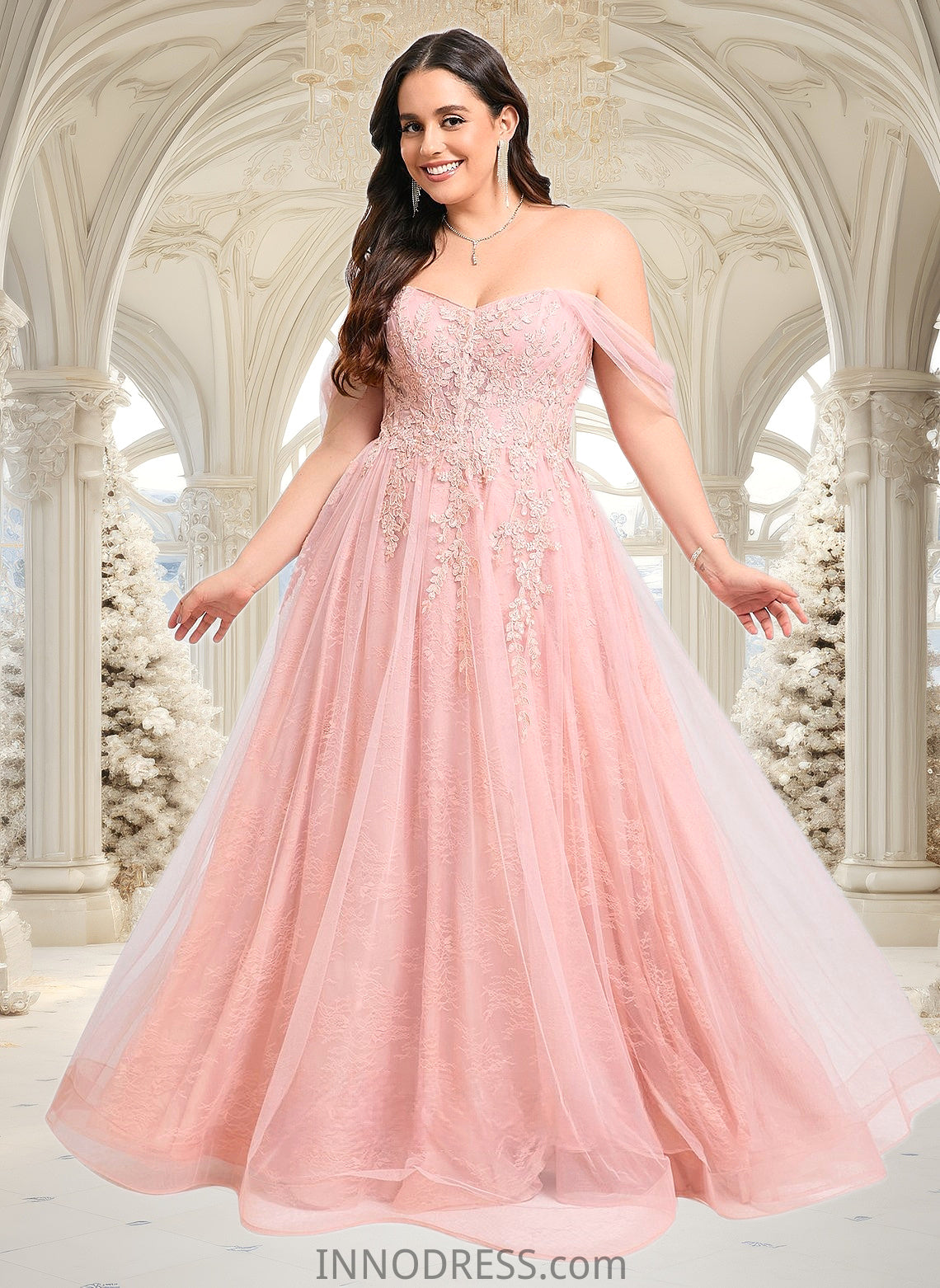 Cailyn A-line Sweetheart Off the Shoulder Floor-Length Tulle Floral Lace Prom Dresses With Appliques Lace DPP0025870