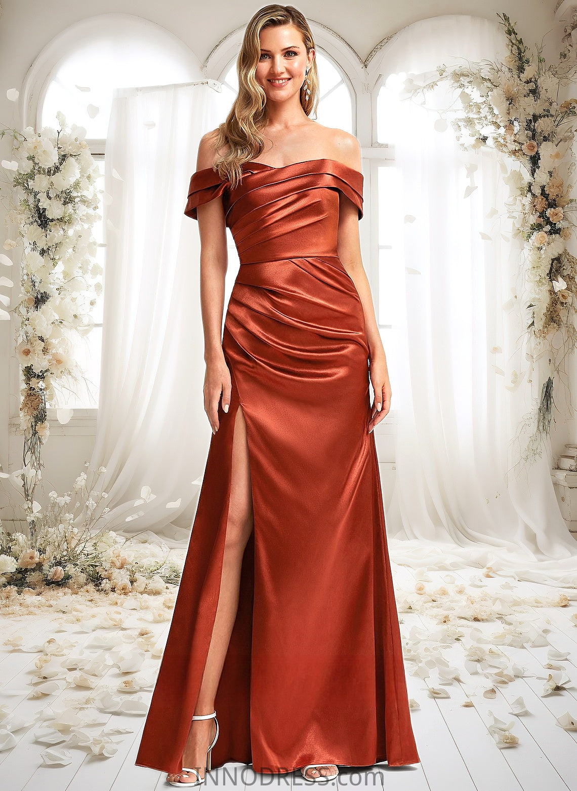 Ruth A-line Off the Shoulder Floor-Length Stretch Satin Bridesmaid Dress DPP0025757