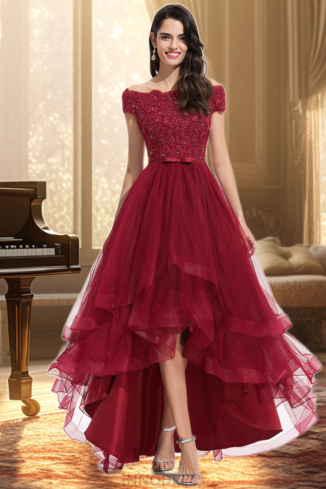 Brynlee A-line Off the Shoulder Asymmetrical Lace Tulle Homecoming Dress With Beading Bow Sequins DPP0020535