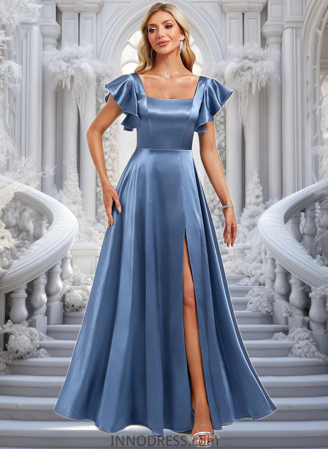 Karly A-line Square Floor-Length Stretch Satin Bridesmaid Dress With Ruffle DPP0025769