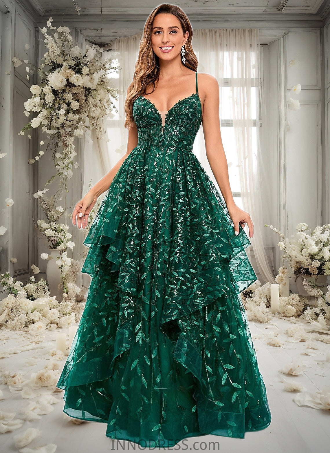 Ryann Ball-Gown/Princess V-Neck Floor-Length Lace Floral Prom Dresses With Sequins DPP0025838