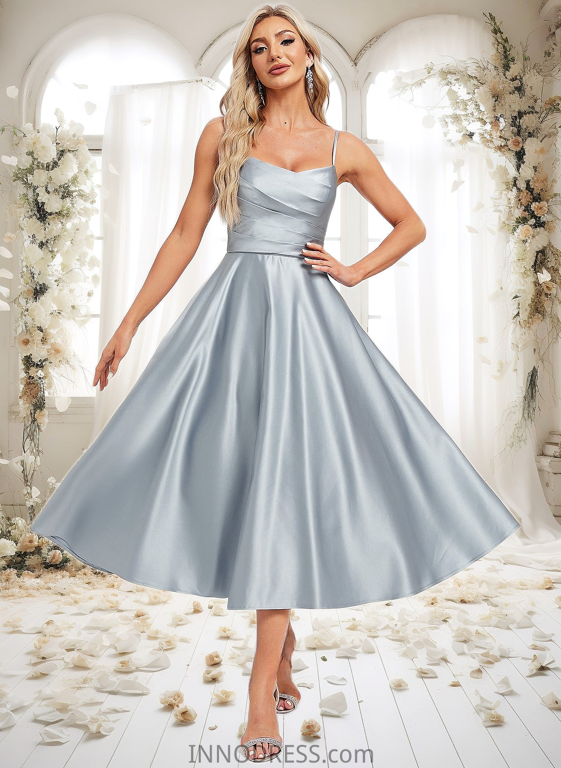 Brenda A-line V-Neck Tea-Length Satin Bridesmaid Dress DPP0025794