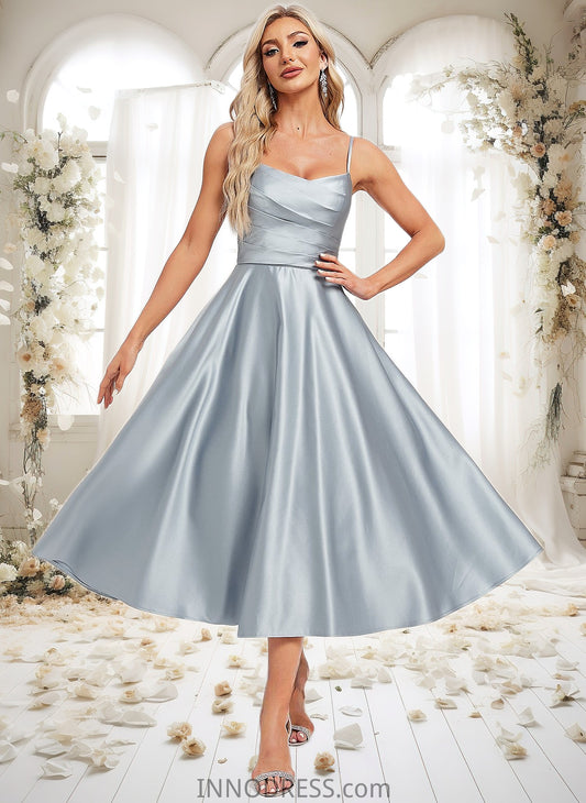 Brenda A-line V-Neck Tea-Length Satin Bridesmaid Dress DPP0025794