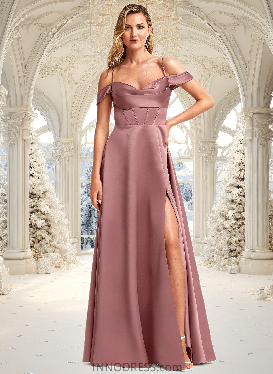 Winifred A-line Cold Shoulder Floor-Length Satin Bridesmaid Dress DPP0025750