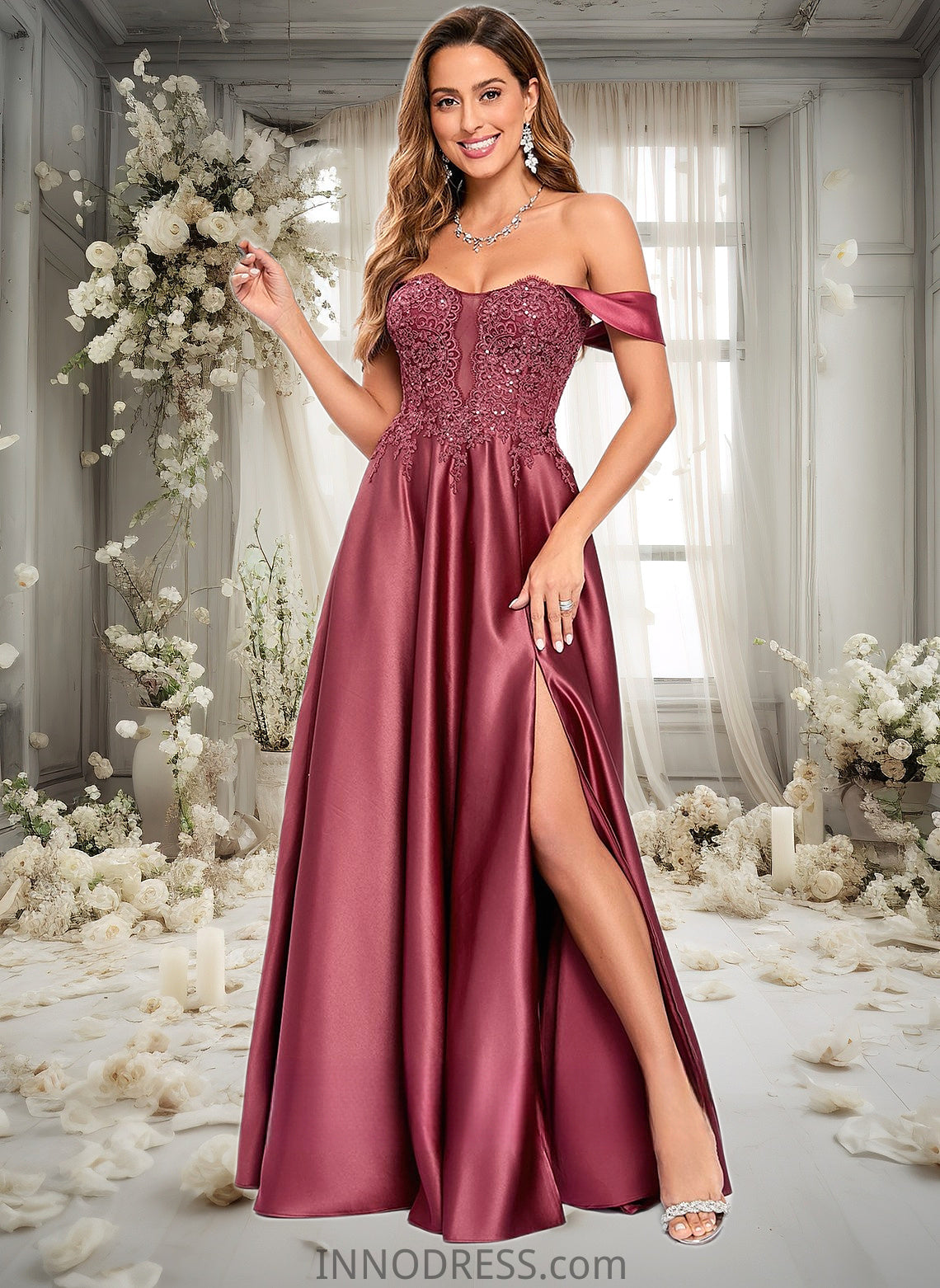 Reese A-line Off the Shoulder Floor-Length Satin Lace Prom Dresses With Sequins DPP0025841