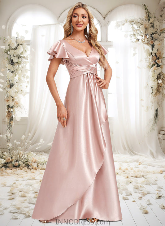 Tamara A-line V-Neck Floor-Length Stretch Satin Bridesmaid Dress With Ruffle DPP0025787