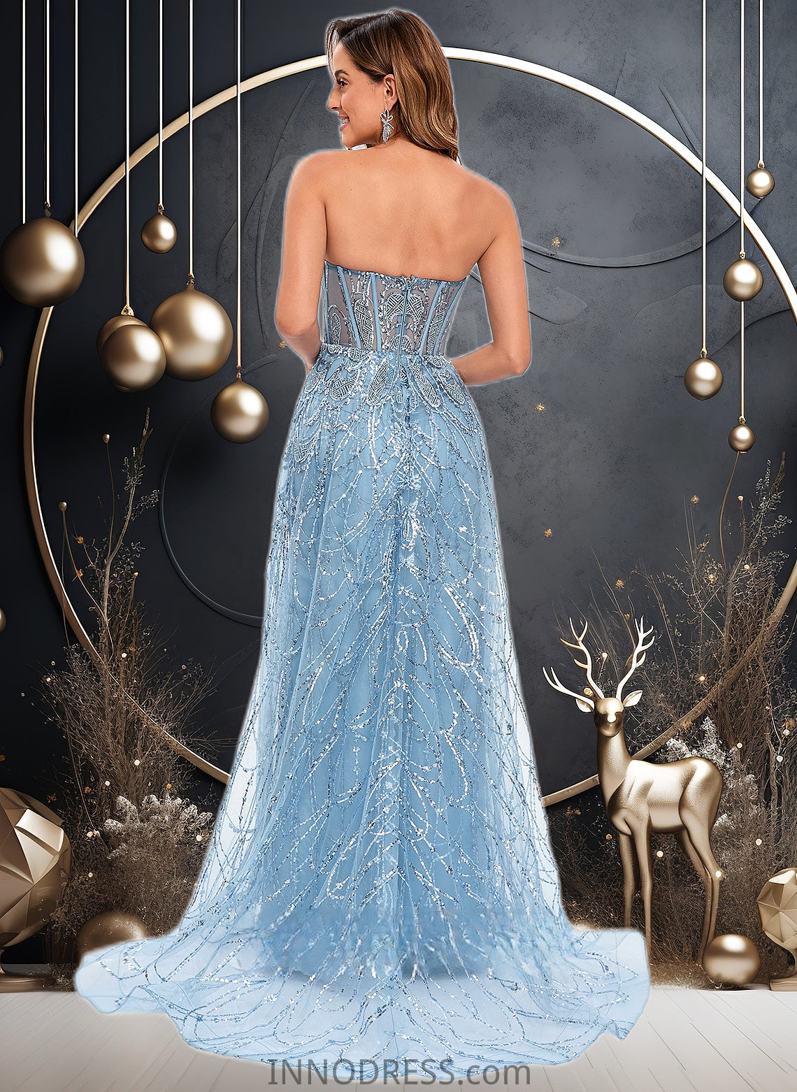 Lucia Sheath/Column Sweetheart Sweep Train Sequin Tulle Prom Dresses With Sequins DPP0025860