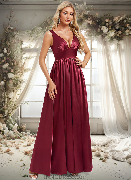 Azul A-line V-Neck Floor-Length Stretch Satin Bridesmaid Dress DPP0025771