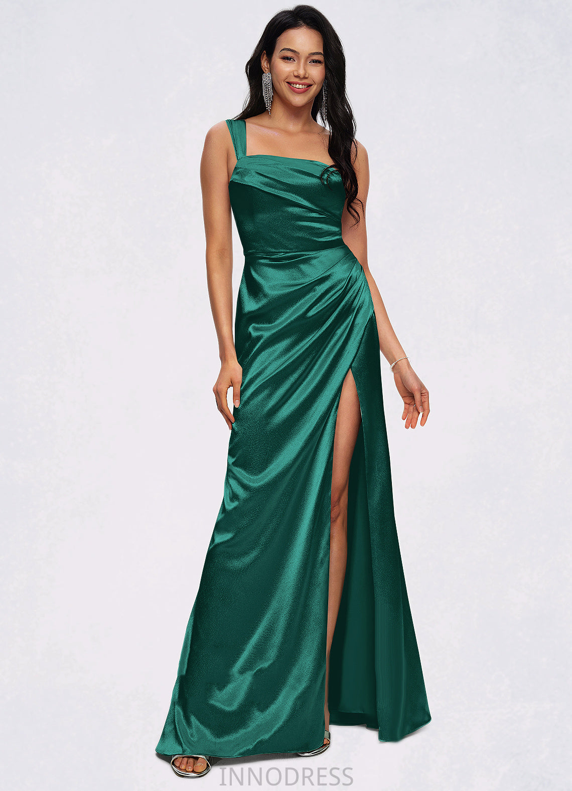 Jaqueline Sheath/Column Asymmetrical Floor-Length Stretch Satin Prom Dresses DPP0022193