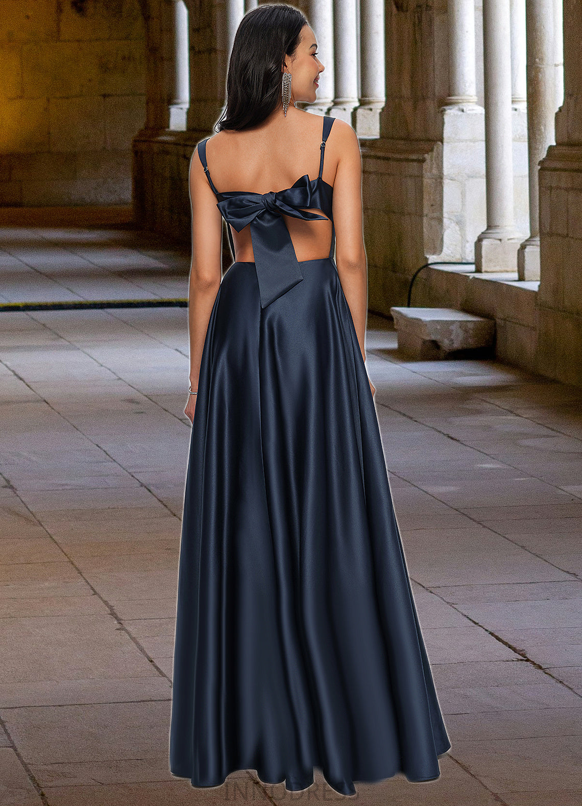 Lauretta A-line Straight Floor-Length Satin Prom Dresses With Bow DPP0022195