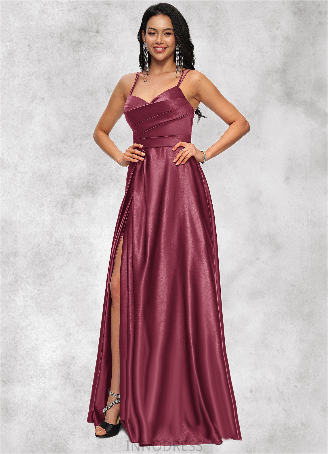 Danielle A-line V-Neck Floor-Length Satin Prom Dresses DPP0022197