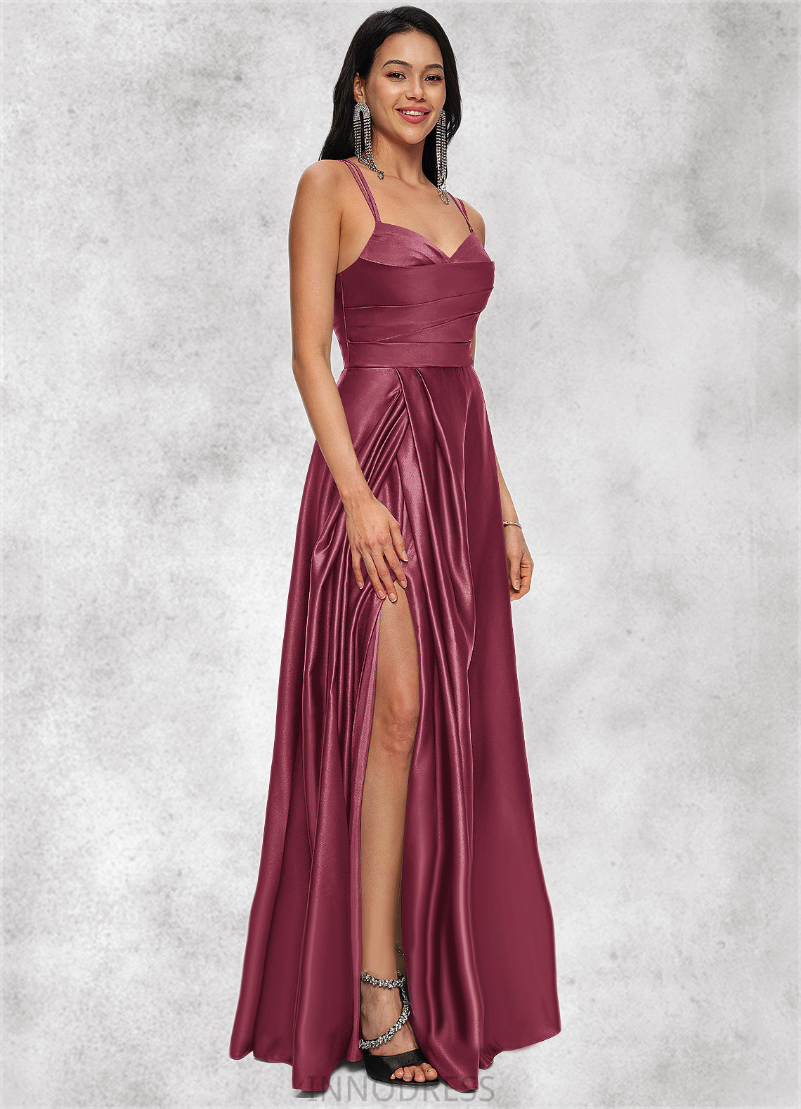 Danielle A-line V-Neck Floor-Length Satin Prom Dresses DPP0022197