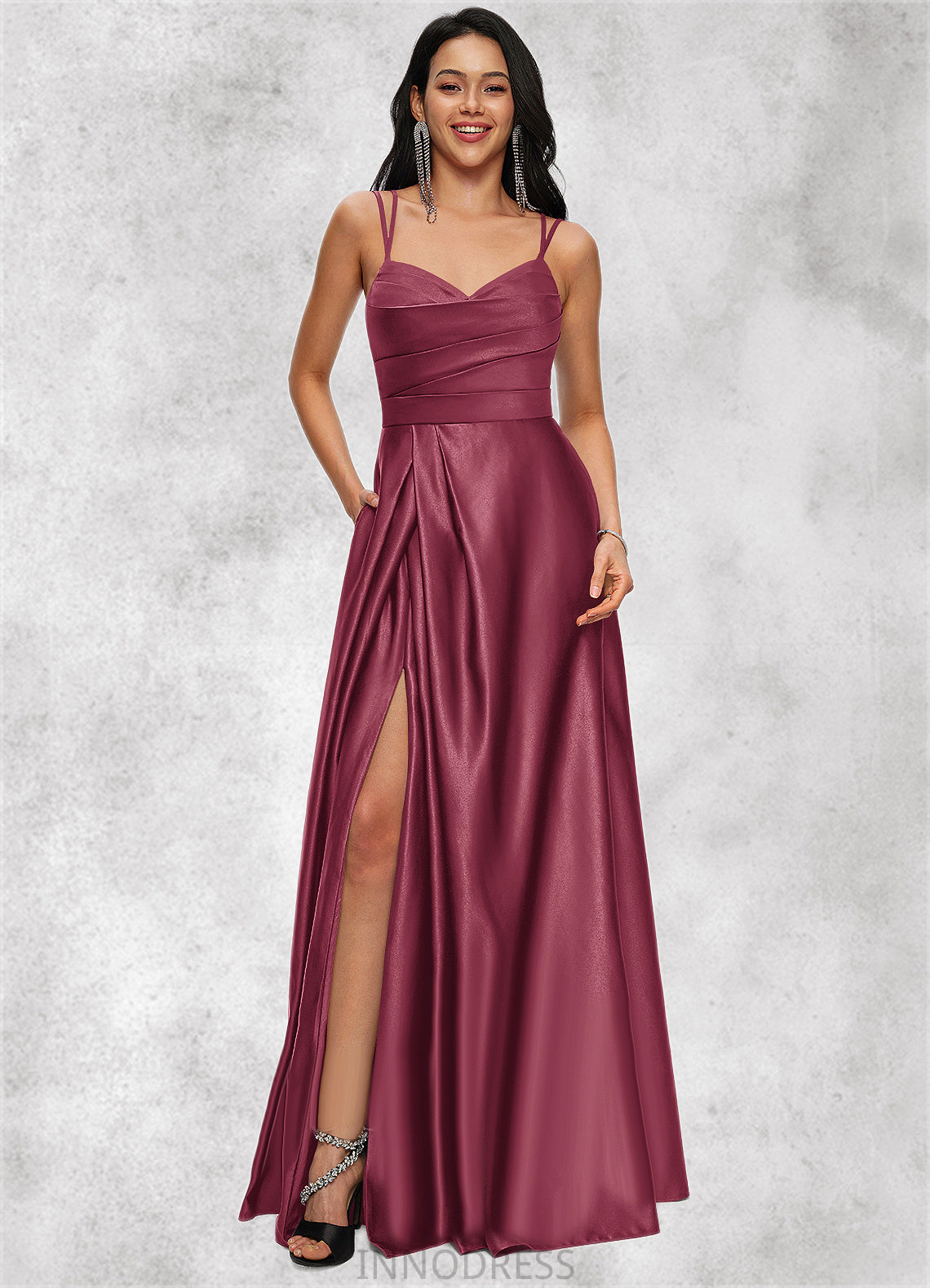 Danielle A-line V-Neck Floor-Length Satin Prom Dresses DPP0022197