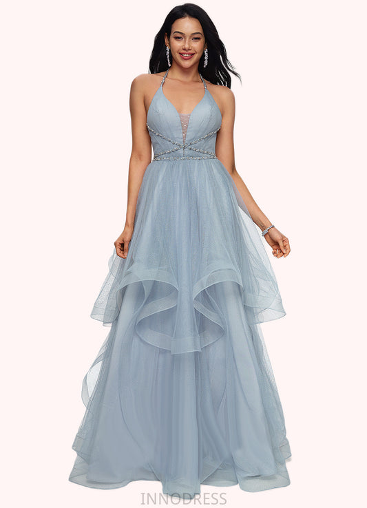 Brisa Ball-Gown/Princess Halter V-Neck Floor-Length Tulle Prom Dresses With Beading Rhinestone Sequins DPP0022199