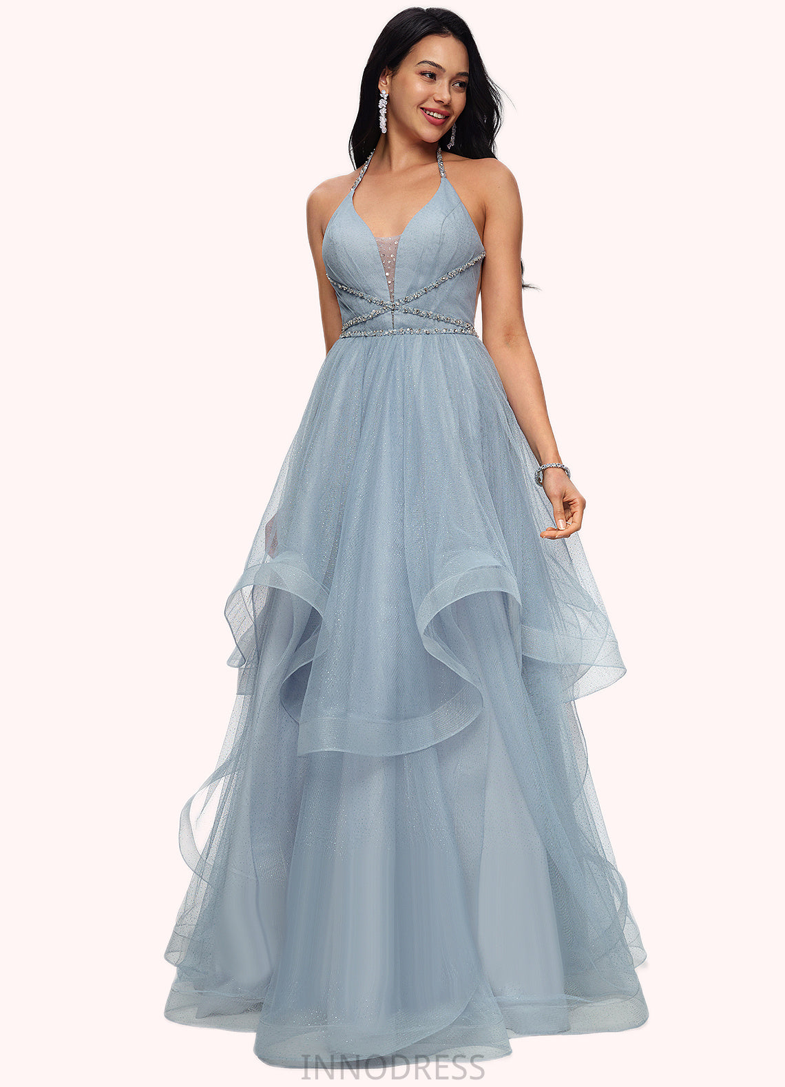 Brisa Ball-Gown/Princess Halter V-Neck Floor-Length Tulle Prom Dresses With Beading Rhinestone Sequins DPP0022199