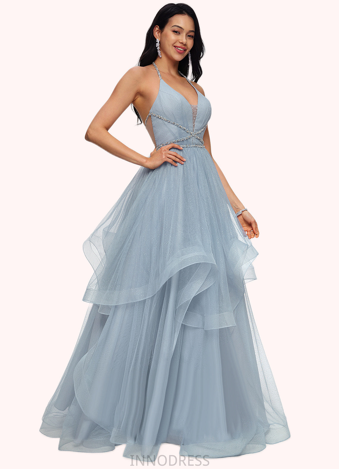 Brisa Ball-Gown/Princess Halter V-Neck Floor-Length Tulle Prom Dresses With Beading Rhinestone Sequins DPP0022199