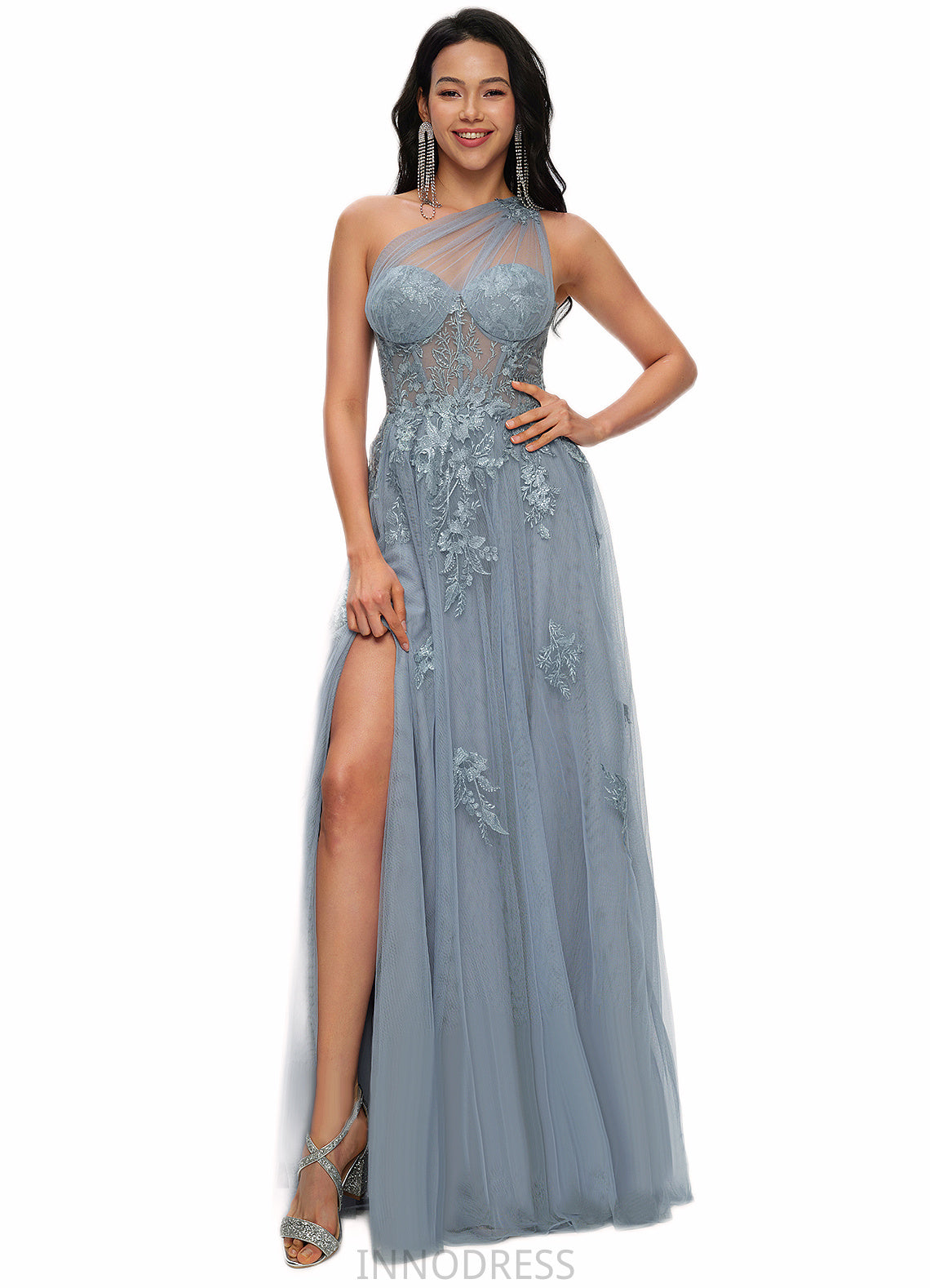 Makenna A-line One Shoulder Floor-Length Tulle Prom Dresses With Appliques Lace Sequins DPP0022200