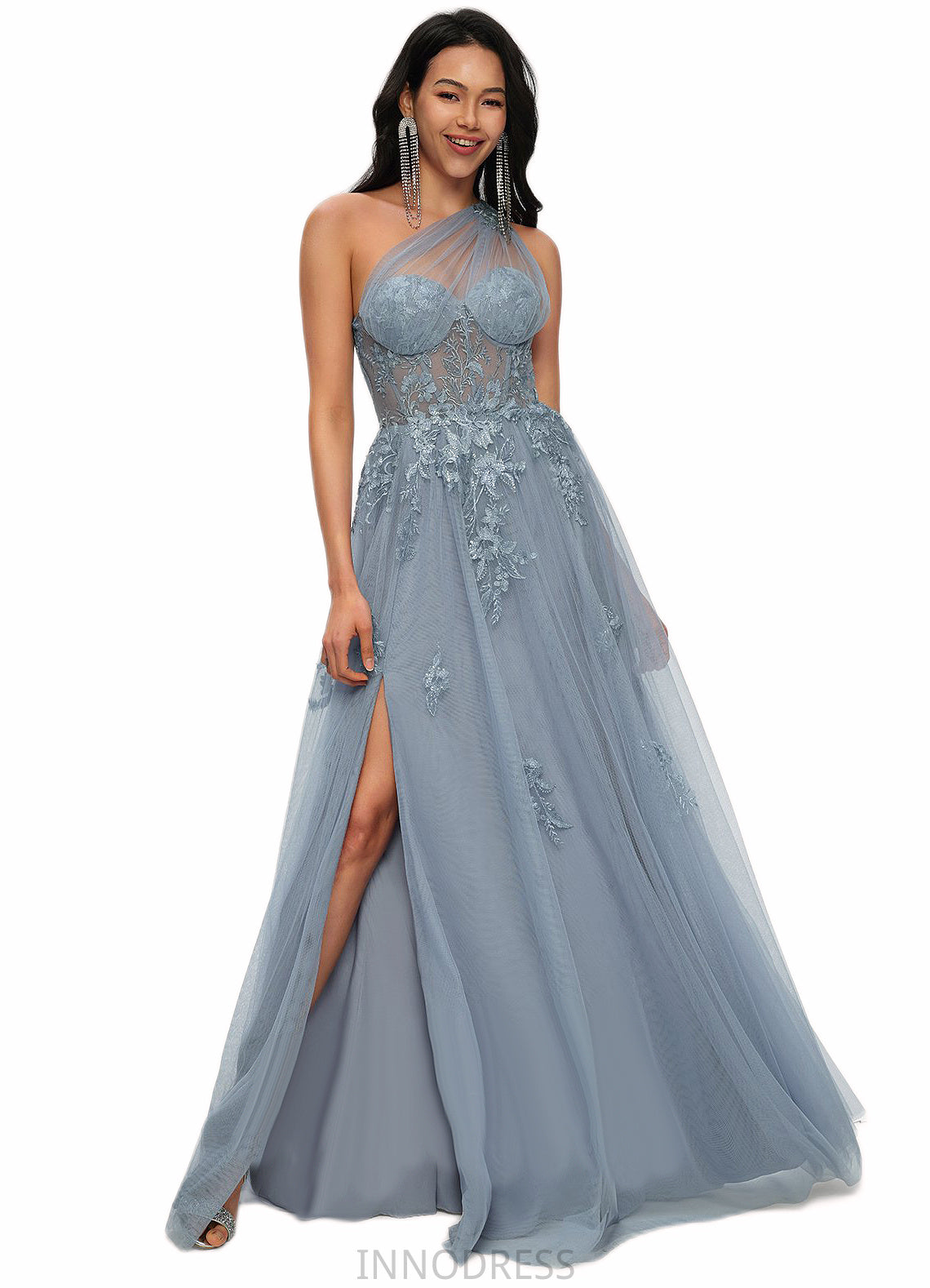 Makenna A-line One Shoulder Floor-Length Tulle Prom Dresses With Appliques Lace Sequins DPP0022200