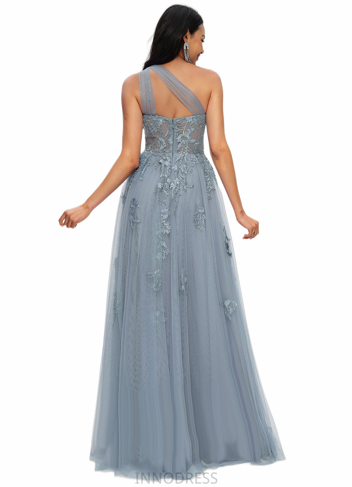 Makenna A-line One Shoulder Floor-Length Tulle Prom Dresses With Appliques Lace Sequins DPP0022200