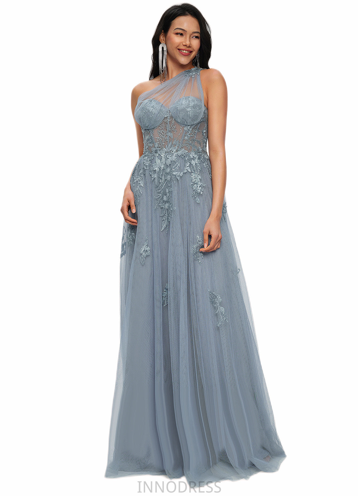 Makenna A-line One Shoulder Floor-Length Tulle Prom Dresses With Appliques Lace Sequins DPP0022200