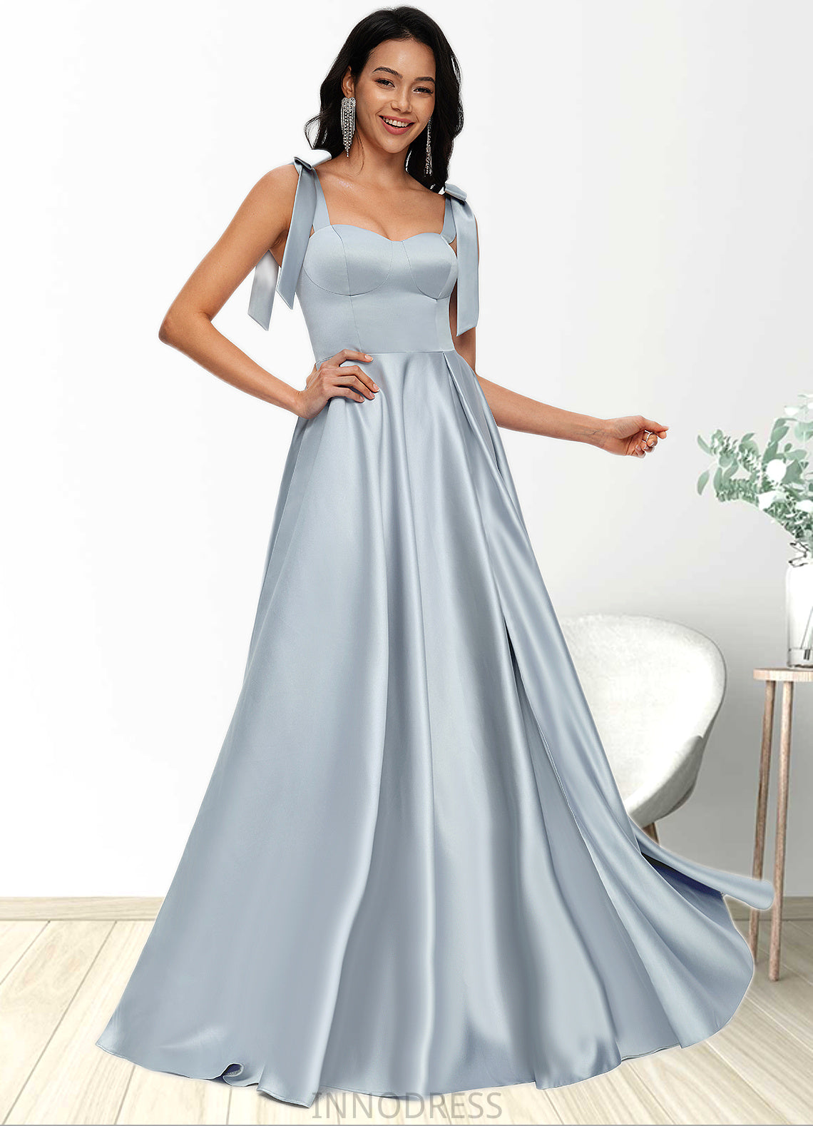 Raina A-line Sweetheart Sweep Train Satin Prom Dresses With Bow DPP0022203