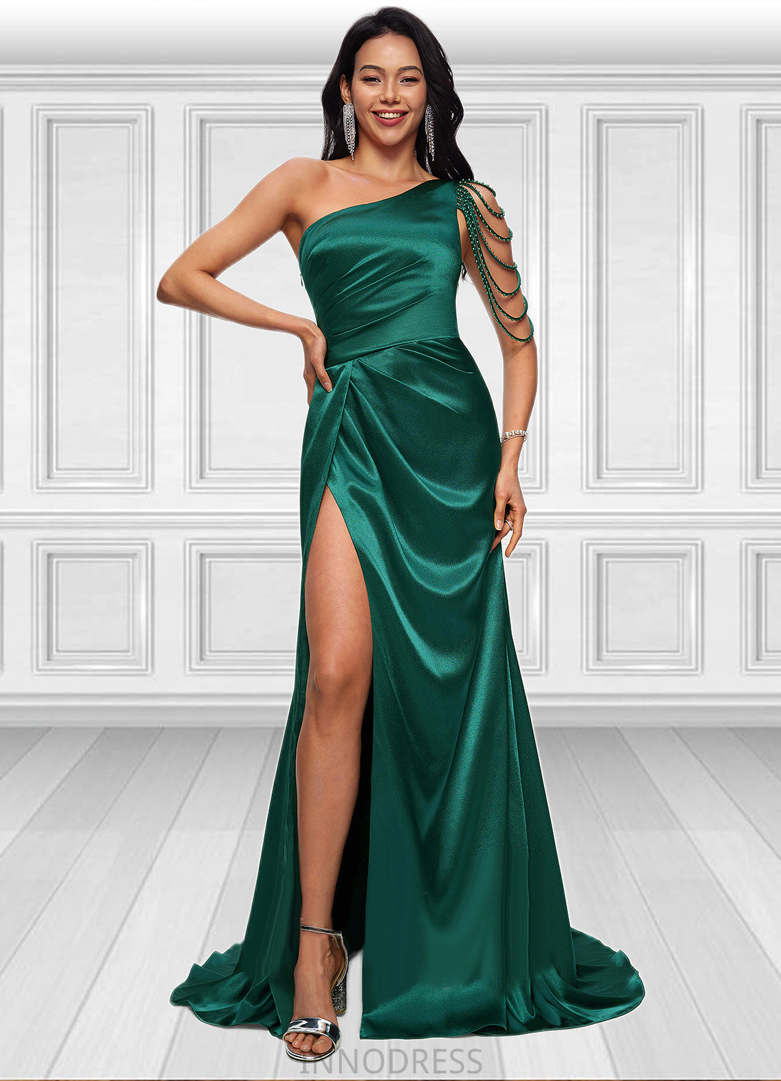 Dana Trumpet/Mermaid One Shoulder Sweep Train Stretch Satin Prom Dresses With Beading DPP0022205