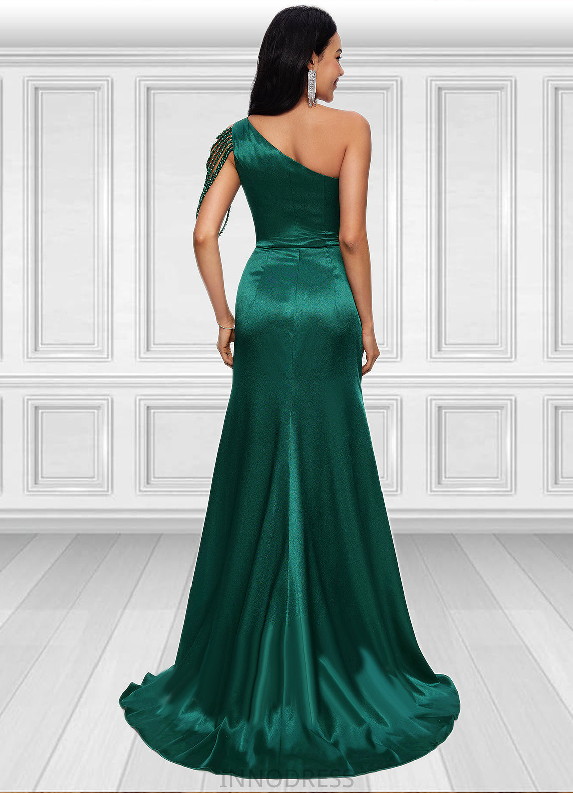 Dana Trumpet/Mermaid One Shoulder Sweep Train Stretch Satin Prom Dresses With Beading DPP0022205