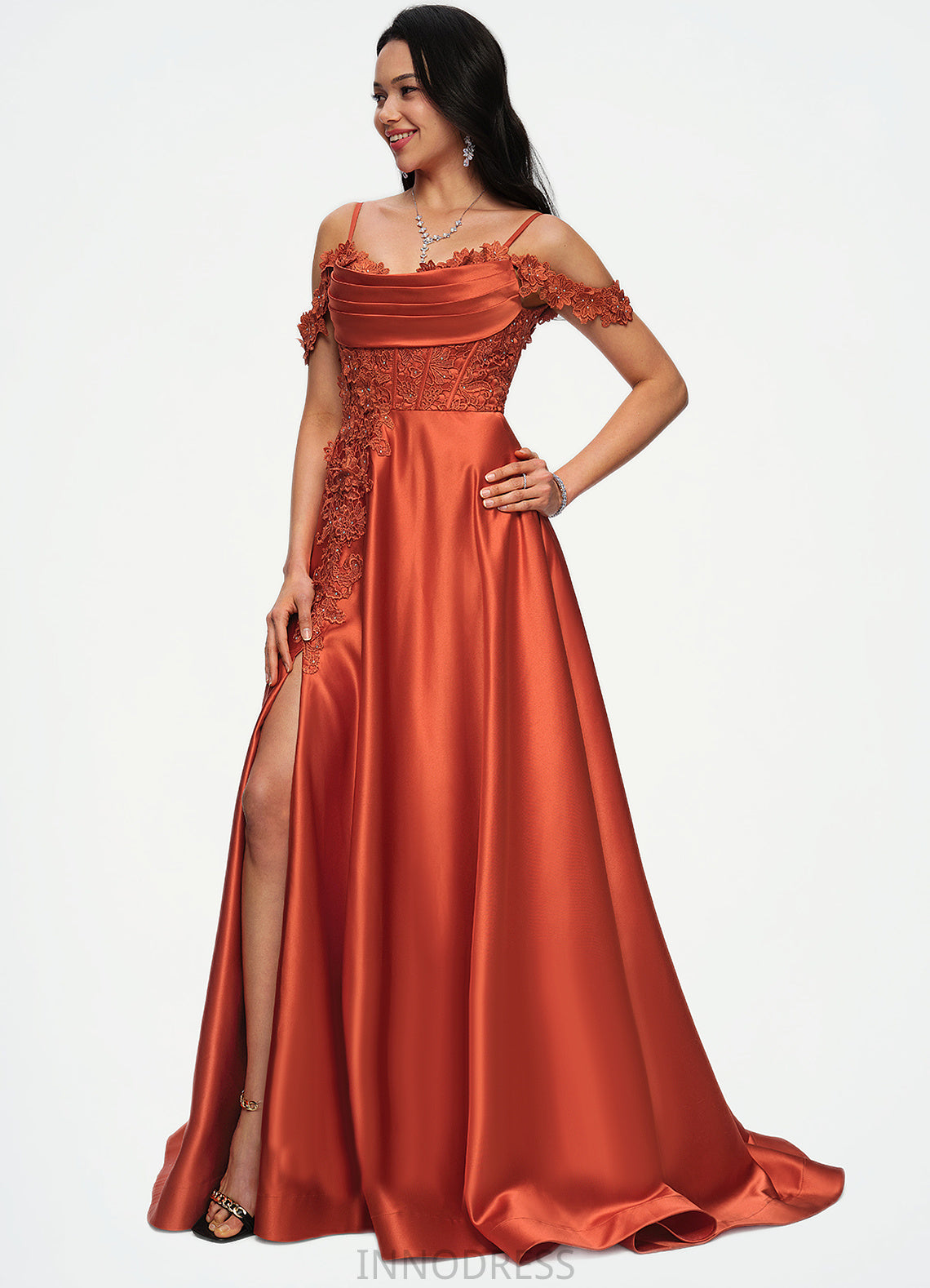 Skyla A-line Off the Shoulder Sweep Train Satin Prom Dresses With Rhinestone DPP0022208