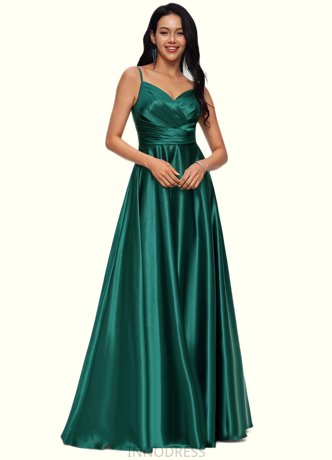 Madeleine A-line V-Neck Floor-Length Stretch Satin Prom Dresses DPP0022211