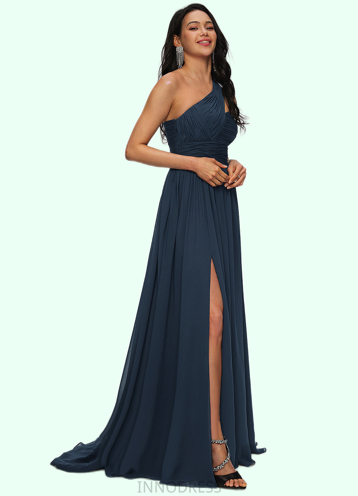 Ina A-line Asymmetrical Sweep Train Chiffon Prom Dresses With Pleated DPP0022212