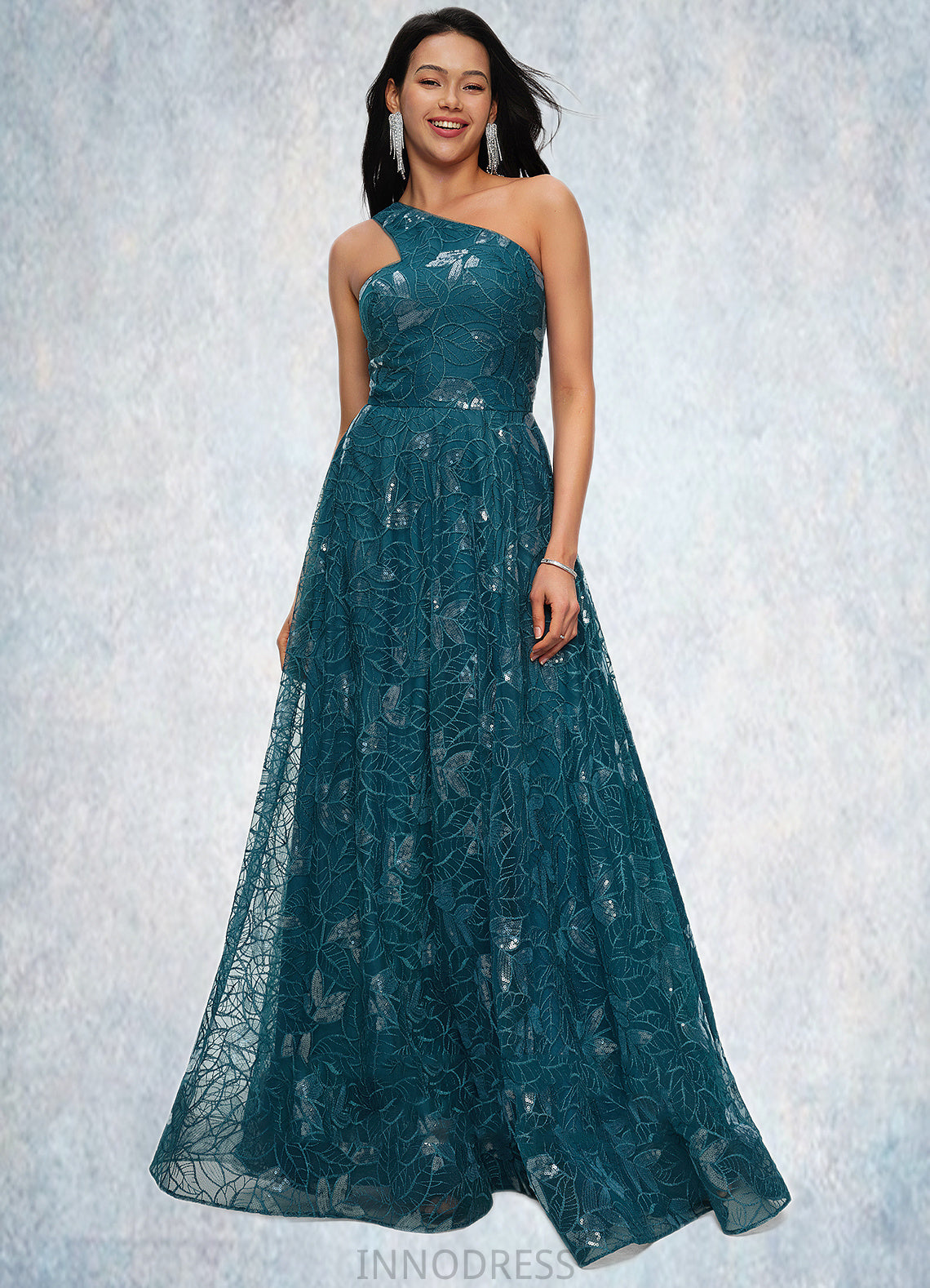 Meredith A-line Asymmetrical Floor-Length Lace Prom Dresses With Sequins DPP0022219