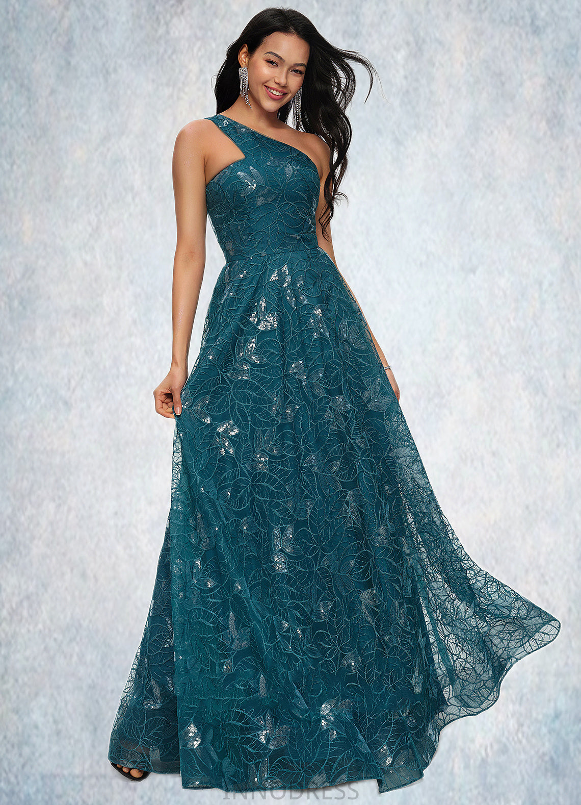 Meredith A-line Asymmetrical Floor-Length Lace Prom Dresses With Sequins DPP0022219