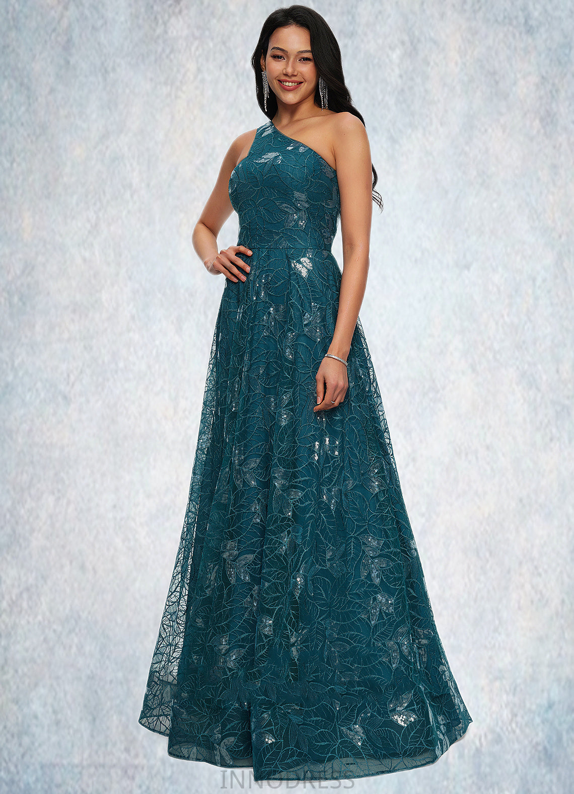 Meredith A-line Asymmetrical Floor-Length Lace Prom Dresses With Sequins DPP0022219