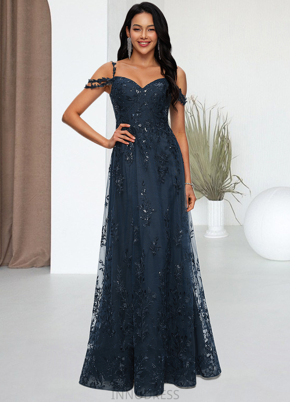 Louise A-line V-Neck Floor-Length Lace Prom Dresses With Sequins DPP0022222