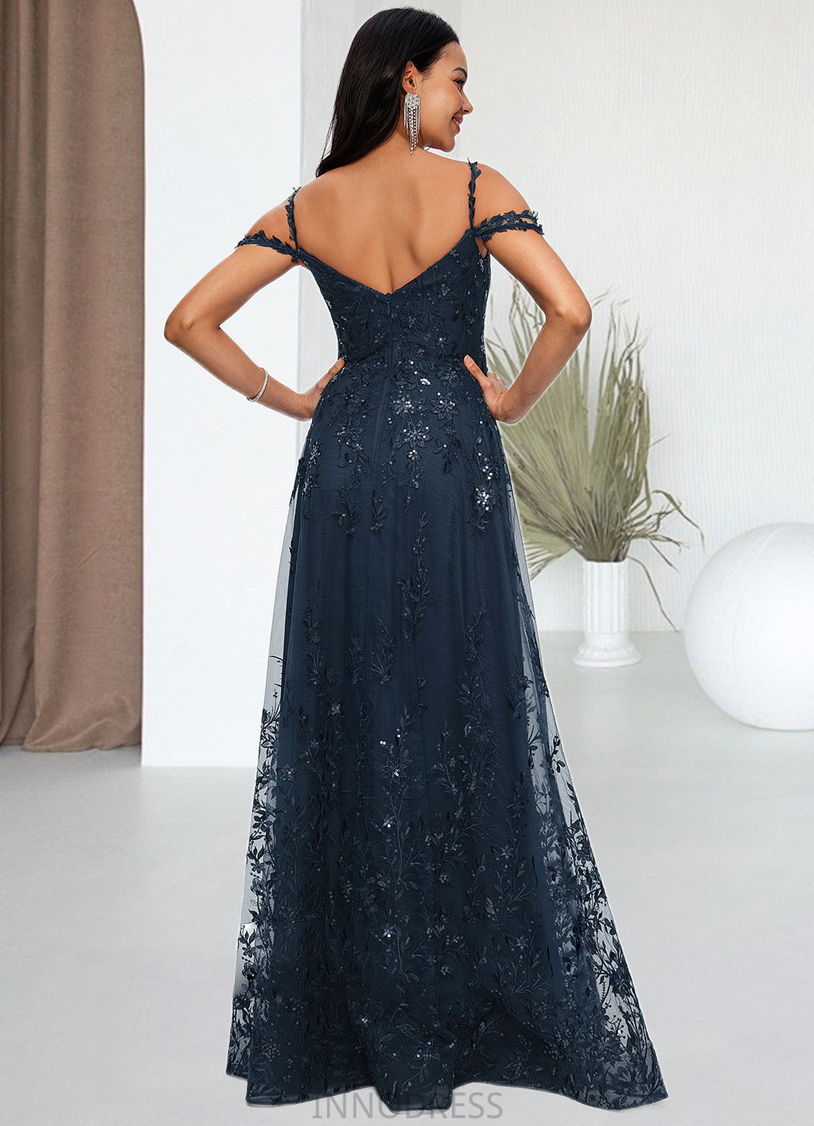 Louise A-line V-Neck Floor-Length Lace Prom Dresses With Sequins DPP0022222