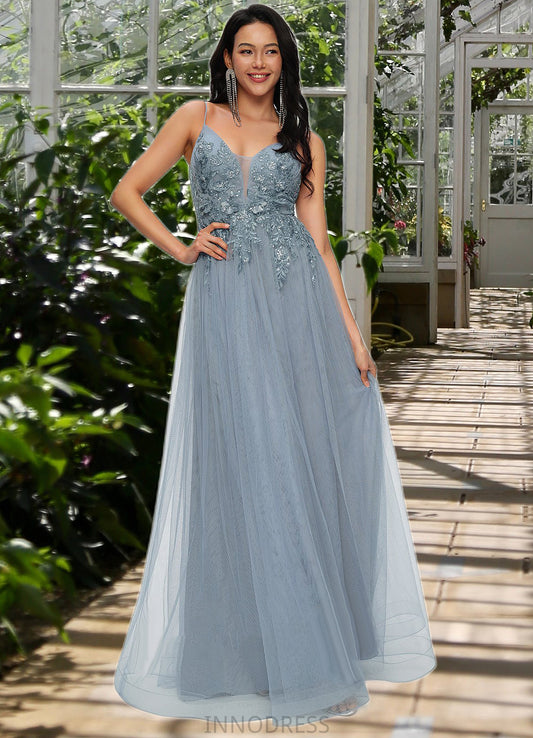 Aria A-line V-Neck Floor-Length Tulle Prom Dresses With Appliques Lace Sequins DPP0022223