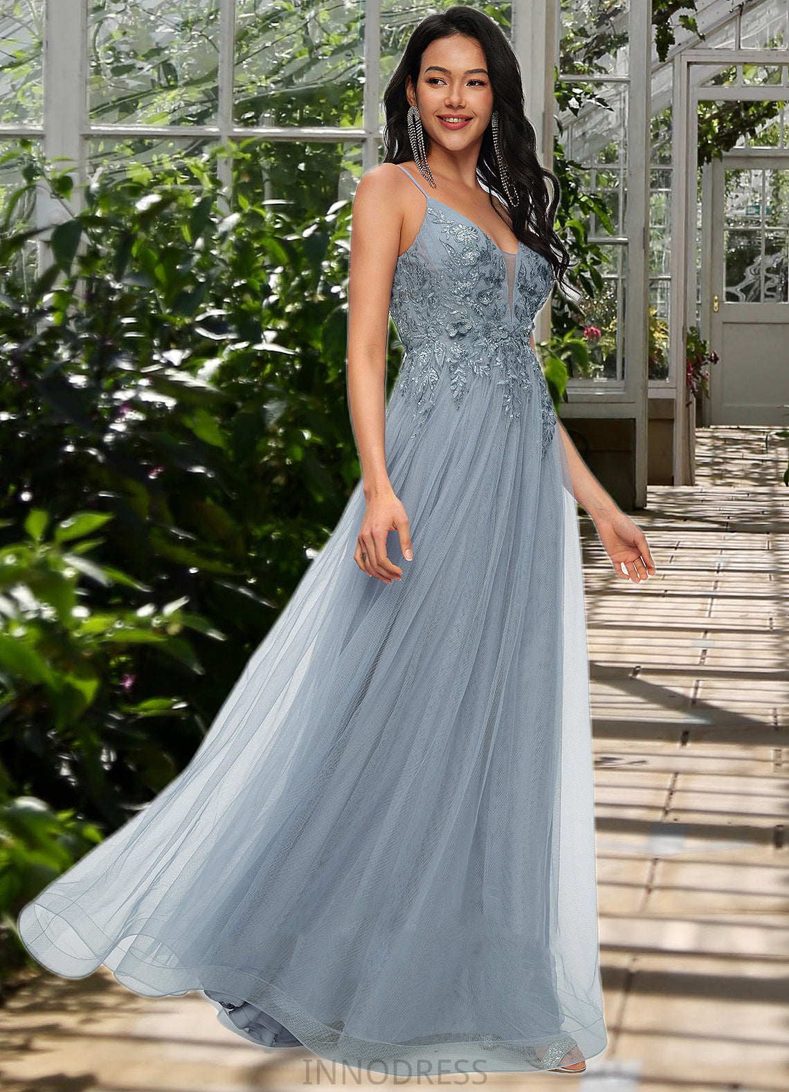 Aria A-line V-Neck Floor-Length Tulle Prom Dresses With Appliques Lace Sequins DPP0022223