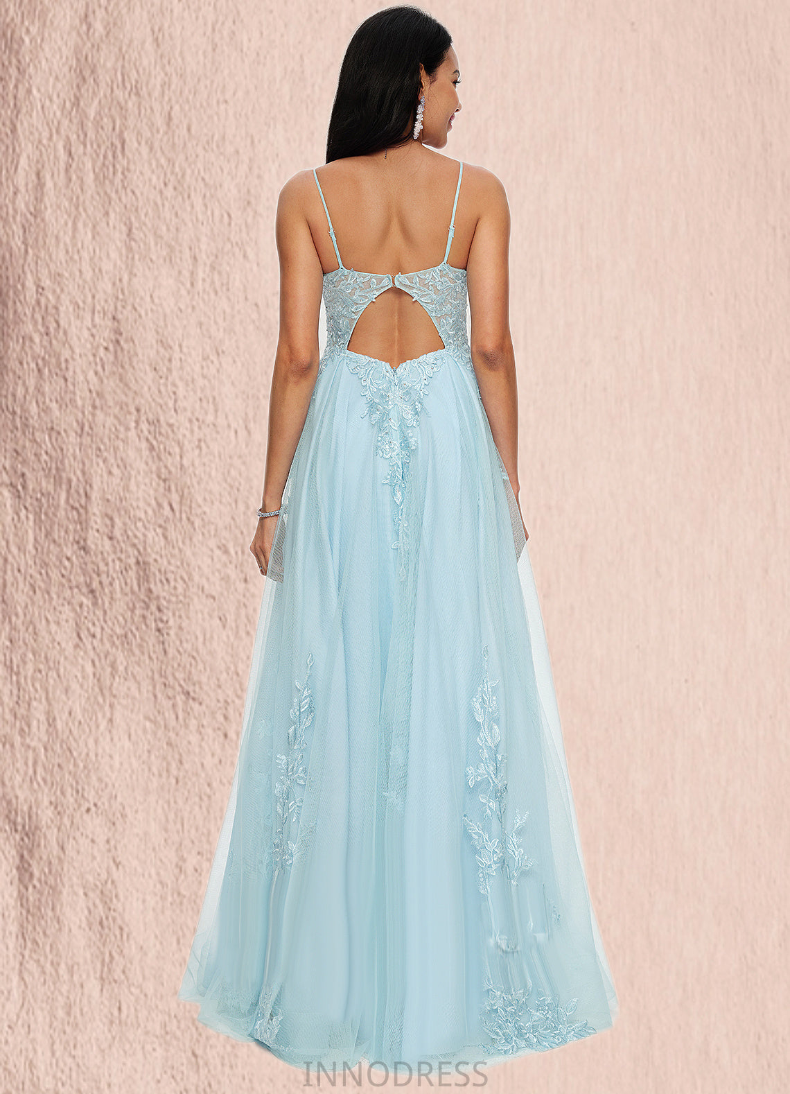 Arianna A-line V-Neck Floor-Length Tulle Prom Dresses With Rhinestone Appliques Lace Sequins DPP0022225