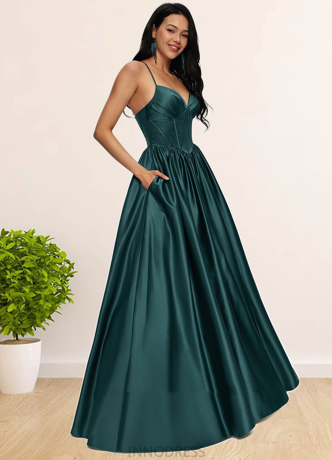 Viola Ball-Gown/Princess V-Neck Floor-Length Satin Prom Dresses With Pleated DPP0022230